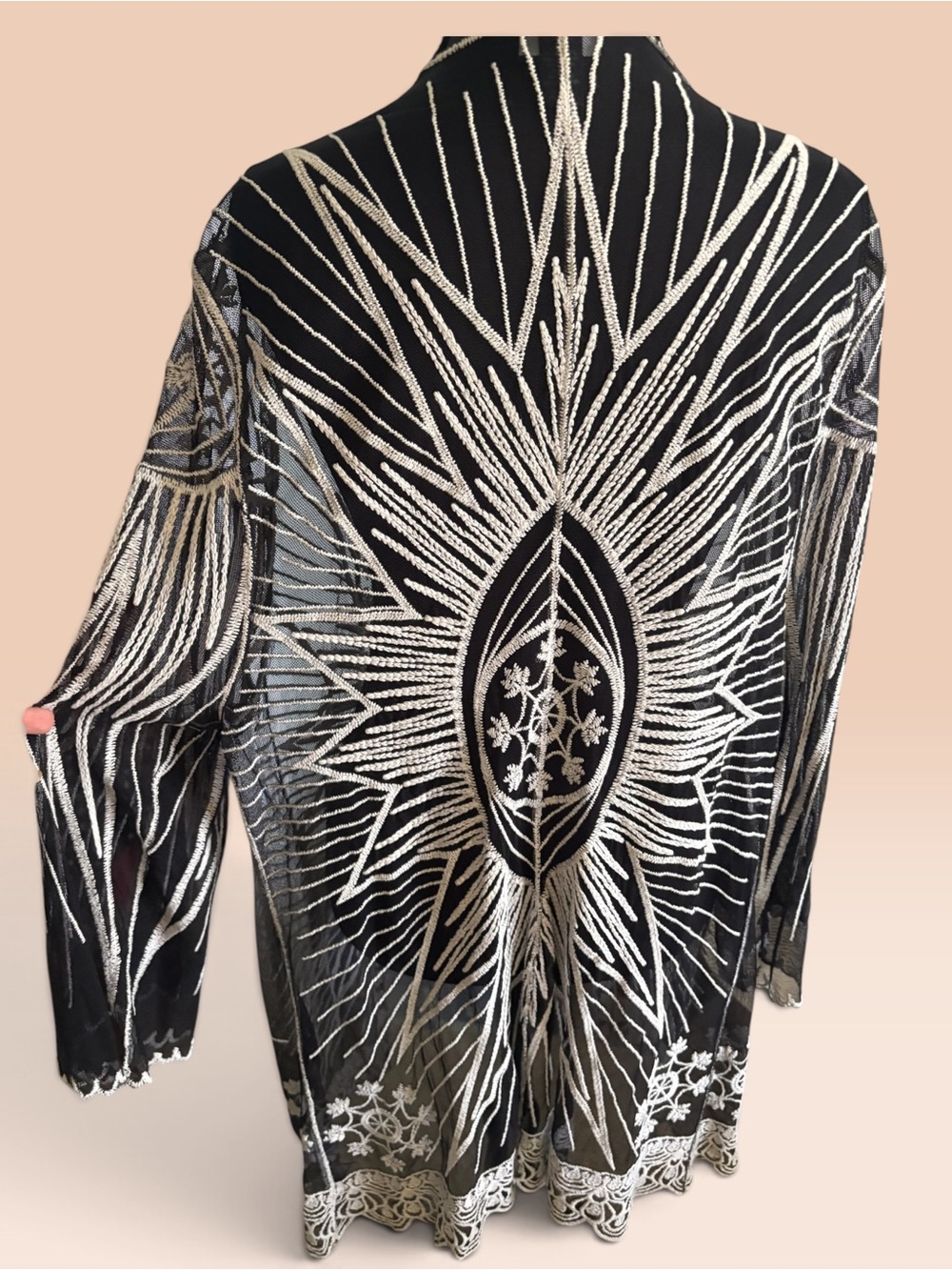 Black & White Embroidered Sheer Open-Front Tunic